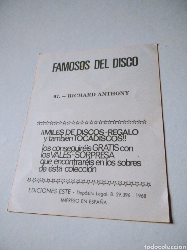 Coleccionismo cromos antiguos: Famosos del disco, Richard Anthony - Foto 2