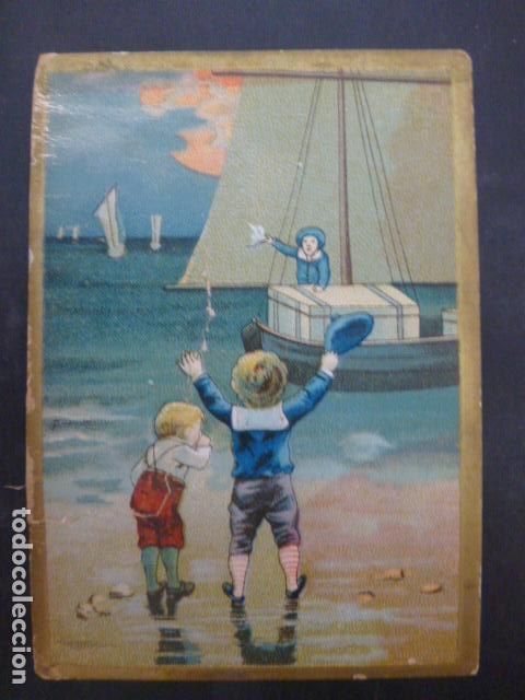 Collectionnisme Cartes &agrave; collectionner anciennes: NI&Ntilde;OS EN LA PLAYA Y BARCO CON CARGA ANTIGUO CROMO SIGLO XIX