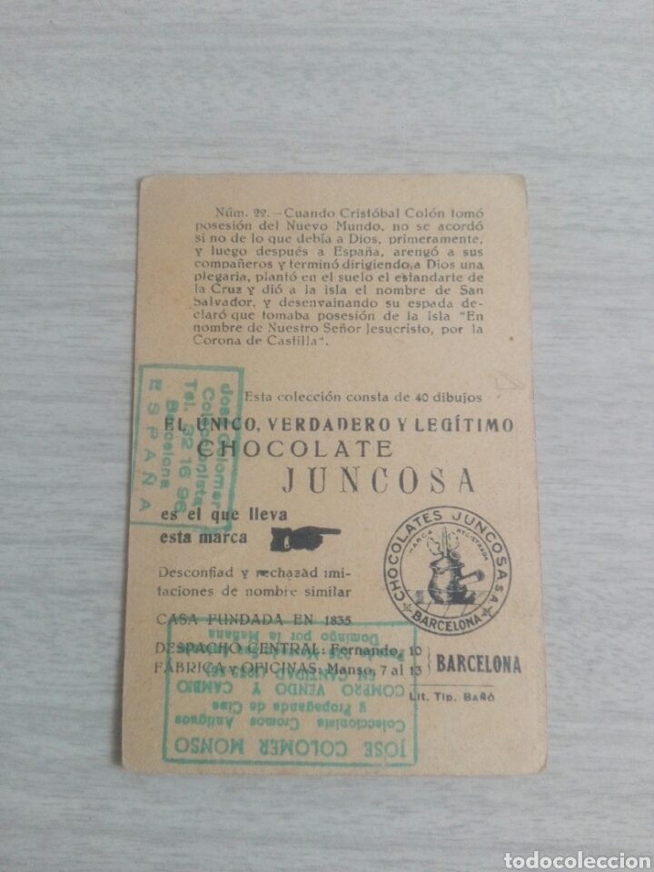Coleccionismo cromos antiguos: Cromo N 22 Crist&oacute;bal Col&oacute;n chocolate juncosa - Foto 2