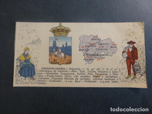 Coleccionismo Cromos antiguos: GUADALAJARA TIPOS, PLANO Y ESCUDO DE LA PROVINCIA ANTIGUO CROMO A&Ntilde;OS 20 6 X 12,5 CMTS
