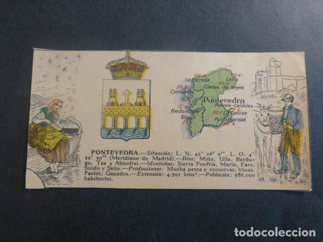 Colecionismo Cromos antigos: PONTEVEDRA TIPOS, PLANO Y ESCUDO DE LA PROVINCIA ANTIGUO CROMO A&Ntilde;OS 20 6 X 12,5 CMTS