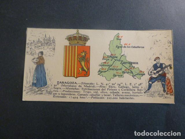 Coleccionismo Cromos antiguos: ZARAGOZA TIPOS, PLANO Y ESCUDO DE LA PROVINCIA ANTIGUO CROMO A&Ntilde;OS 20 6 X 12,5 CMTS