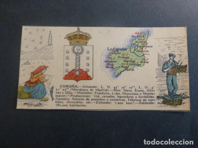 Coleccionismo Cromos antiguos: LA CORU&Ntilde;A TIPOS, PLANO Y ESCUDO DE LA PROVINCIA ANTIGUO CROMO A&Ntilde;OS 20 6 X 12,5 CMTS