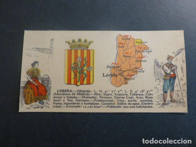 Colecionismo Cromos antigos: LERIDA LLEIDA TIPOS, PLANO Y ESCUDO DE LA PROVINCIA ANTIGUO CROMO A&Ntilde;OS 20 6 X 12,5 CMTS