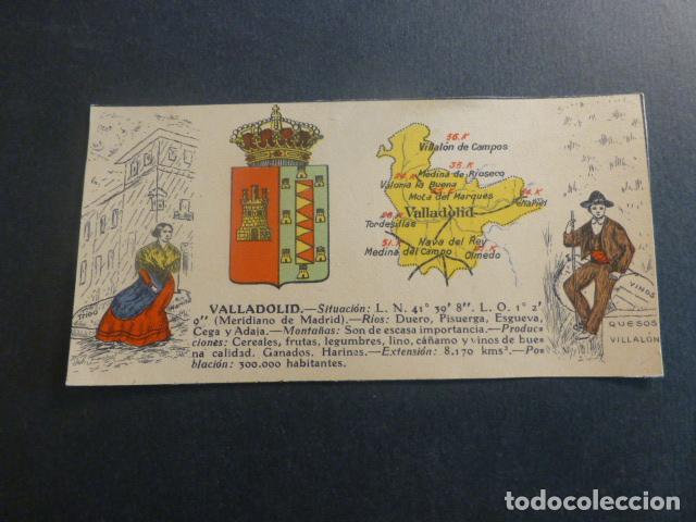 Coleccionismo Cromos antiguos: VALLADOLID TIPOS, PLANO Y ESCUDO DE LA PROVINCIA ANTIGUO CROMO A&Ntilde;OS 20 6 X 12,5 CMTS