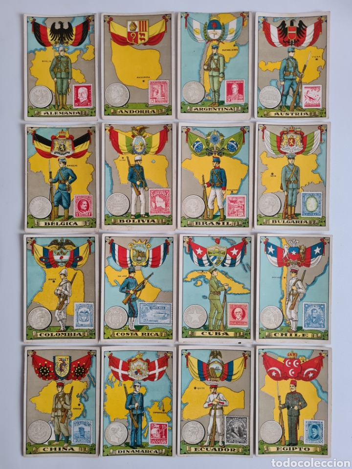 Coleccionismo cromos antiguos: Colecci&oacute;n 49 Cromos Banderas Pa&iacute;ses Monedas Sellos - Falta Canad&aacute; - Espa&ntilde;a Rep&uacute;blica