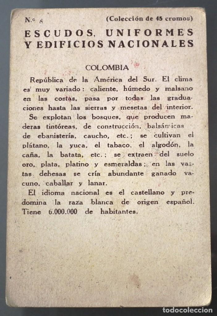 Coleccionismo cromos antiguos: CROMO ESCUDOS, UNIFORMES Y EDIFICIOS NACIONALES - COLOMBIA - Foto 2