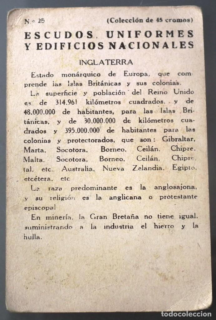Coleccionismo cromos antiguos: CROMO ESCUDOS, UNIFORMES Y EDIFICIOS NACIONALES - INGLATERRA - Foto 2