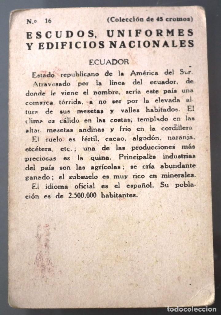 Coleccionismo cromos antiguos: CROMO ESCUDOS, UNIFORMES Y EDIFICIOS NACIONALES - ECUADOR - Foto 2