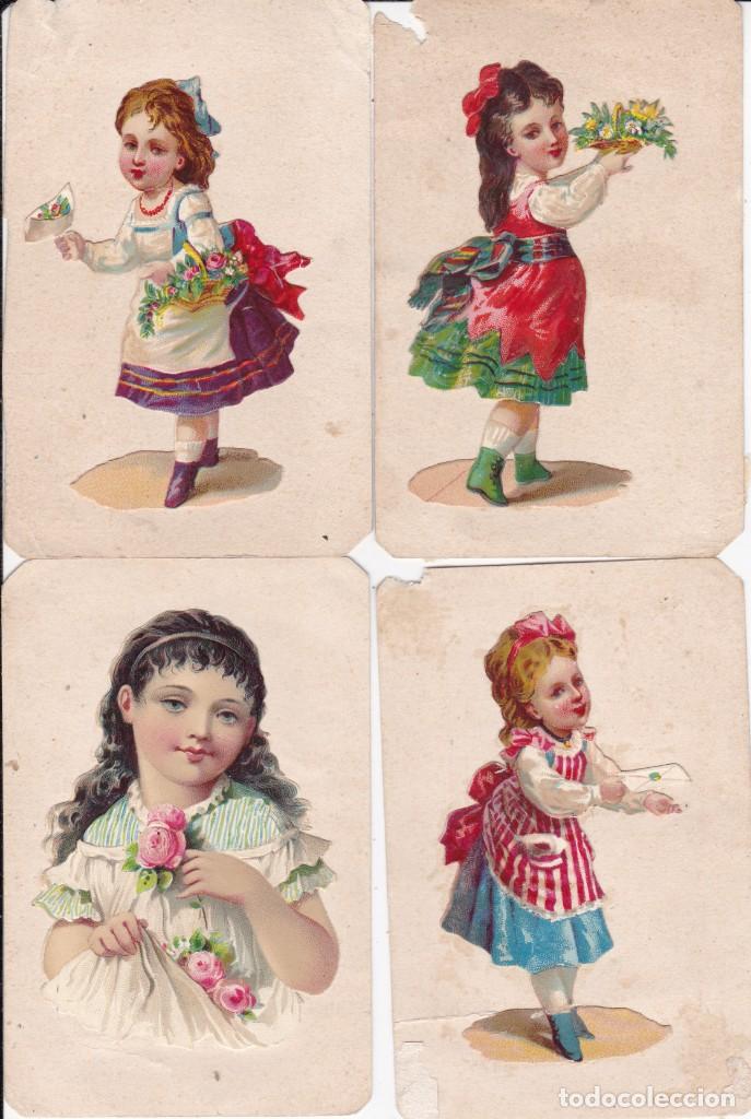 Coleccionismo Cromos antiguos: 4 cromos ni&ntilde;as de finales siglo XIX 8 ctms alto pegados a un papel