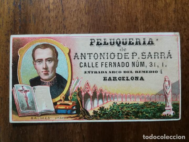 Collezionismo Figurine antiche: PELUQUER&Iacute;A DE ANTONIO DE P. SARR&Aacute; - BARCELONA - CROMO PUBLICITARIO ( BALMES )