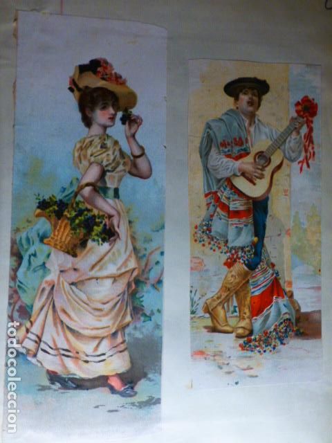 Collectionnisme Cartes &agrave; collectionner anciennes: DAMA ELEGANTE Y ANDALUZ CON GUITARRA 2 CROMOS SIGLO XIX SOBRE HOJA 8 X 20 CMTS