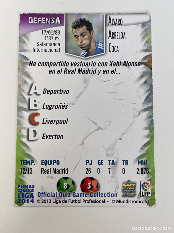 Coleccionismo cromos antiguos: Arbeloa 33 mundicromo 2013-2014 - Foto 2