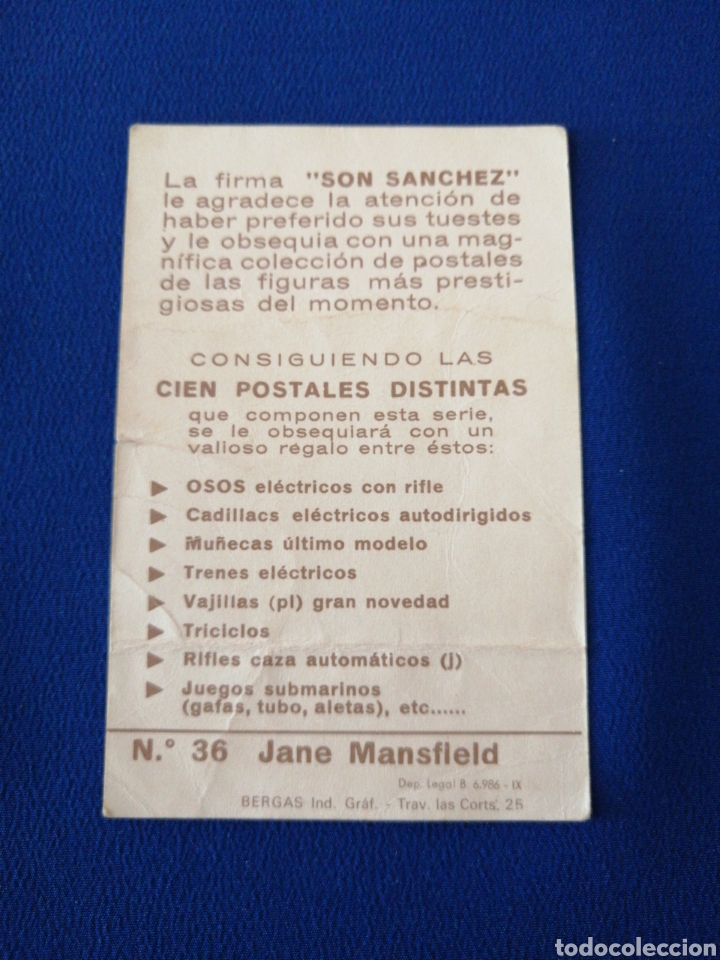 Coleccionismo cromos antiguos: JANE MANSFIELD NUMERO 36 PIPAS SON S&Aacute;NCHEZ - Foto 2
