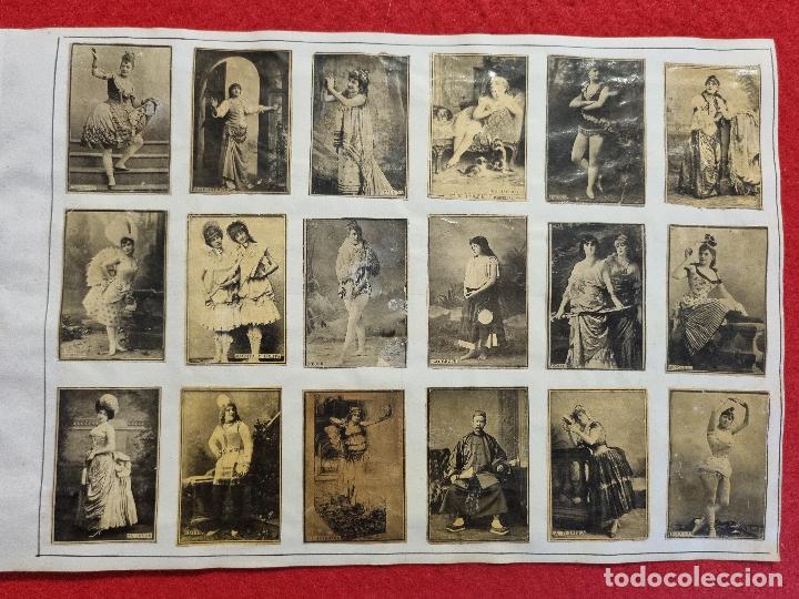 Coleccionismo Cromos antiguos: HOJA CON 18 CROMOS CUPLETISTAS CAJAS CERILLAS ANTIGUAS FOTOTIPIAS SIGLO XIX ORIGINALES RS61