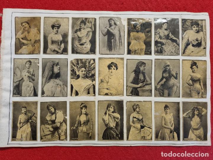 Coleccionismo Cromos antiguos: HOJA CON 21 CROMOS CUPLETISTAS CAJAS CERILLAS ANTIGUAS FOTOTIPIAS SIGLO XIX ORIGINALES RS62