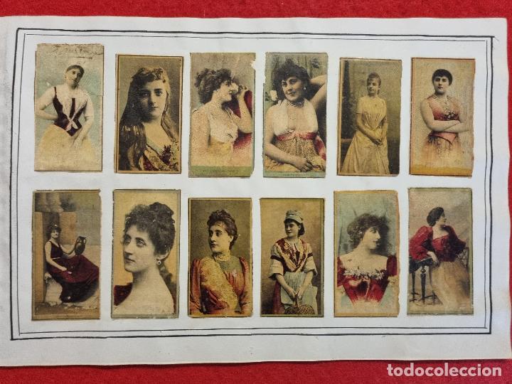 Coleccionismo Cromos antiguos: HOJA CON 12 CROMOS CUPLETISTAS CAJAS CERILLAS ANTIGUAS FOTOTIPIAS SIGLO XIX ORIGINALES RS63