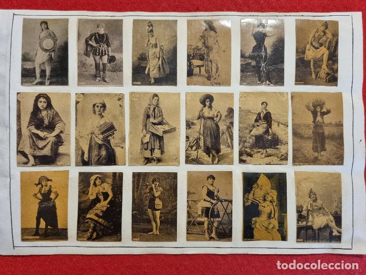 Coleccionismo Cromos antiguos: HOJA CON 18 CROMOS CUPLETISTAS CAJAS CERILLAS ANTIGUAS FOTOTIPIAS SIGLO XIX ORIGINALES RS64