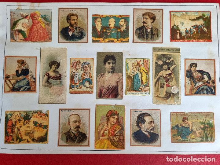 Coleccionismo cromos antiguos: HOJA CON 17 CROMOS CAJAS CERILLAS ANTIGUAS FOTOTIPIAS COLOR SIGLO XIX ORIGINALES RS104