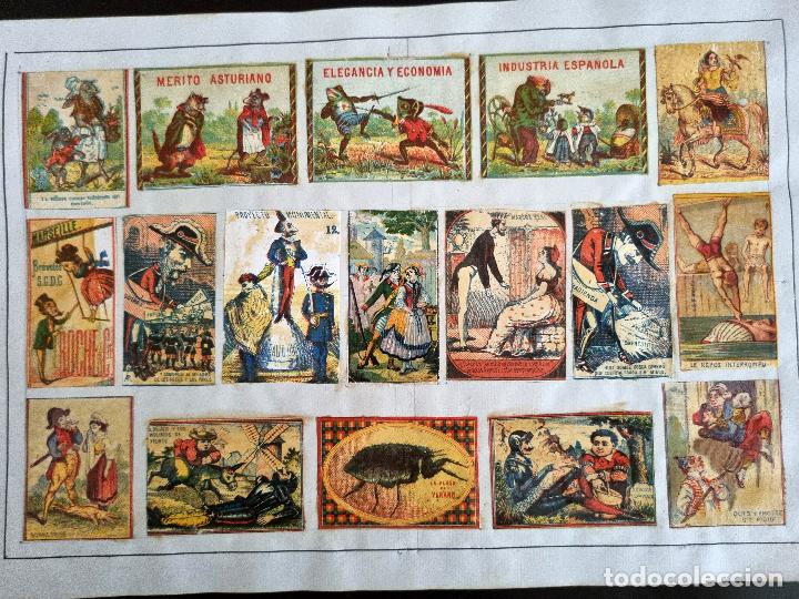 Coleccionismo cromos antiguos: HOJA CON 17 CROMOS CAJAS CERILLAS ANTIGUAS FOTOTIPIAS COLOR SIGLO XIX ORIGINALES RS125