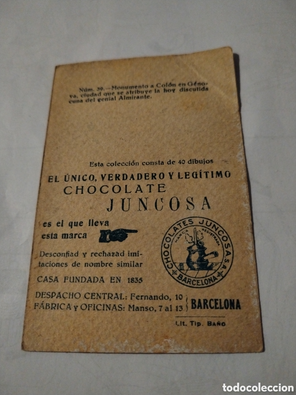 Coleccionismo cromos antiguos: Cromo chocolate juncosa Crist&oacute;bal col&oacute;n n&deg;39 - Foto 2