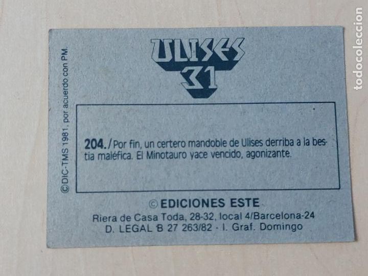 Coleccionismo cromos antiguos: CROMO N&ordm; 204 - ULISES 31 - EDICIONES ESTE 1981 - Foto 2
