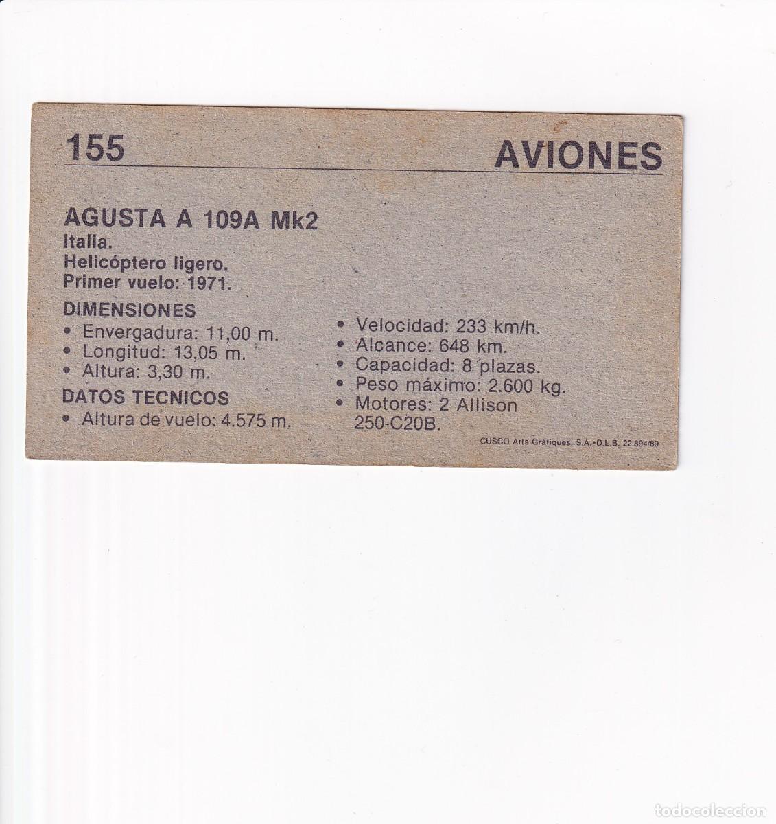 Coleccionismo cromos antiguos: HELICOPTEROS : NUMERO 155 .- AGUSTA A 109A MK2 - Foto 2