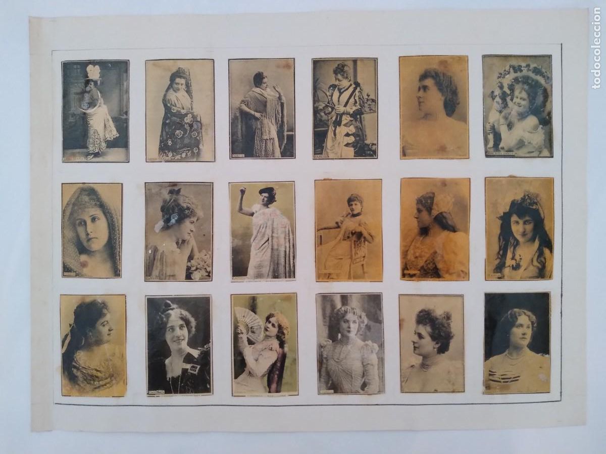 Coleccionismo cromos antiguos: ANTIGUA LAMINA 18 CROMOS FOTOTIPIAS CAJA CERILLAS SIGLO XIX SERIE MUJERES ARTISTAS MODELOS RV 16