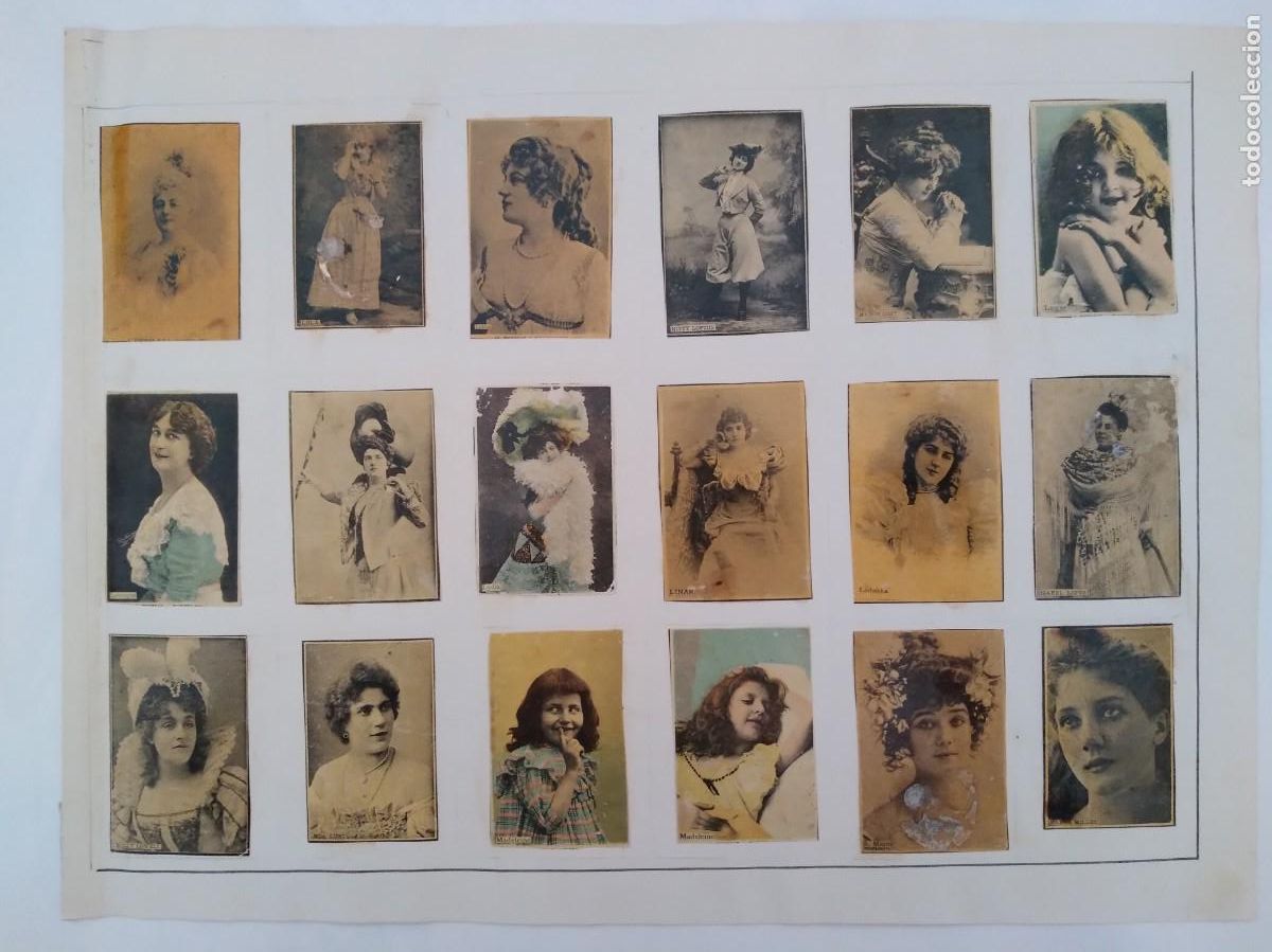 Coleccionismo cromos antiguos: ANTIGUA LAMINA 18 CROMOS FOTOTIPIAS CAJA CERILLAS SIGLO XIX SERIE MUJERES ARTISTAS MODELOS RV 21
