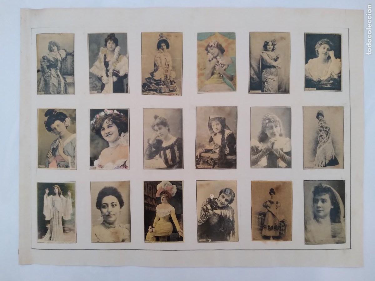 Coleccionismo cromos antiguos: ANTIGUA LAMINA 18 CROMOS FOTOTIPIAS CAJA CERILLAS SIGLO XIX SERIE MUJERES ARTISTAS MODELOS RV 22