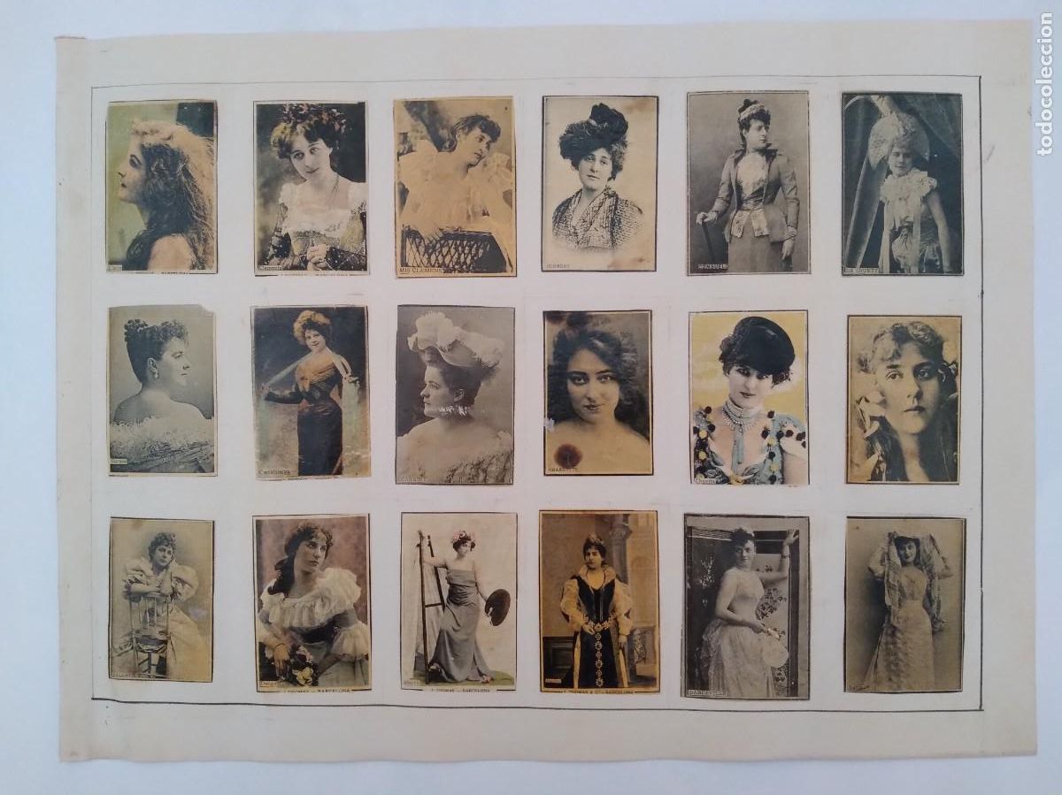 Coleccionismo cromos antiguos: ANTIGUA LAMINA 18 CROMOS FOTOTIPIAS CAJA CERILLAS SIGLO XIX SERIE MUJERES ARTISTAS MODELOS RV 23
