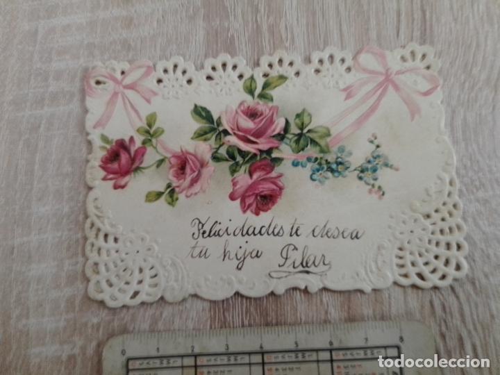 Colecionismo Cromos antigos: Cromo-tarjeta troquelada antigua de felicitaci&oacute;n