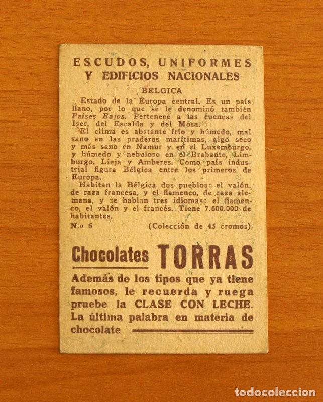 Coleccionismo cromos antiguos: Escudos, Uniformes y Edificios Nacionales - N&ordm; 6 Belgica - Chocolates Torras - Foto 2