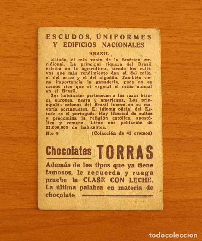 Coleccionismo cromos antiguos: Escudos, Uniformes y Edificios Nacionales - N&ordm; 9 Brasil - Chocolates Torras - Foto 2