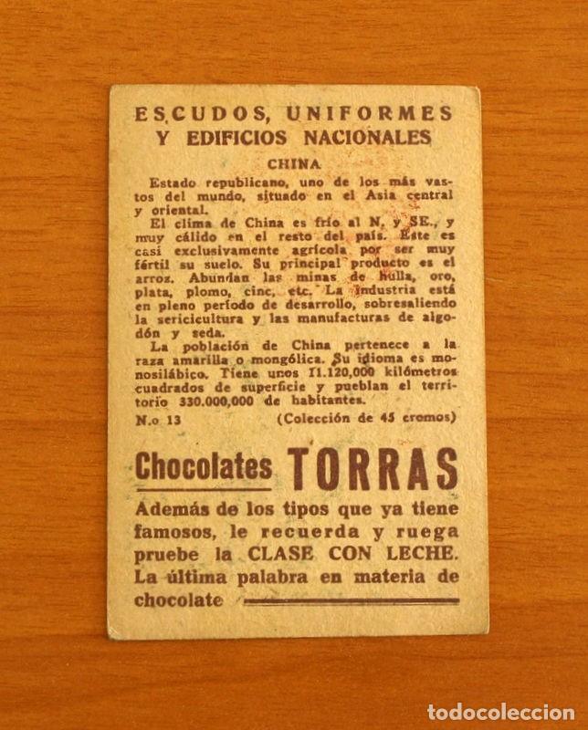 Coleccionismo cromos antiguos: Escudos, Uniformes y Edificios Nacionales - N&ordm; 13 China - Chocolates Torras - Foto 2