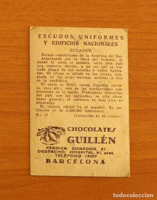 Coleccionismo cromos antiguos: Escudos, Uniformes y Edificios Nacionales - N&ordm; 17 Ecuador - Chocolates Torras - Foto 2