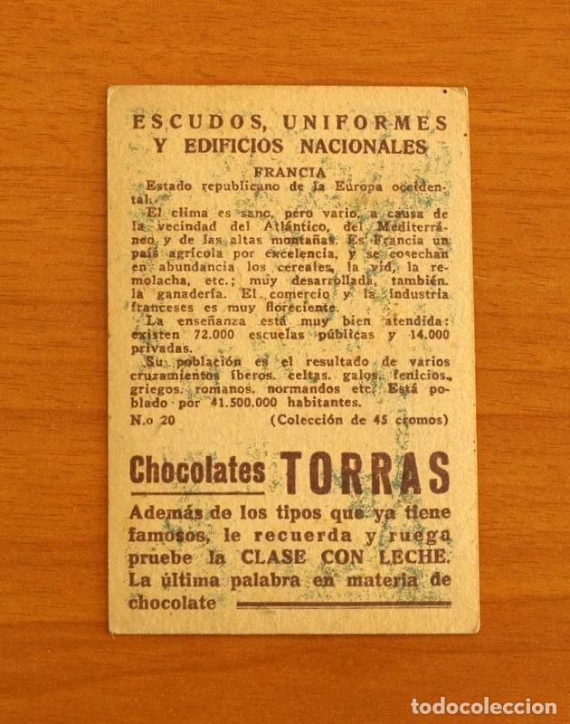 Coleccionismo cromos antiguos: Escudos, Uniformes y Edificios Nacionales - N&ordm; 20 Francia - Chocolates Torras - Foto 2