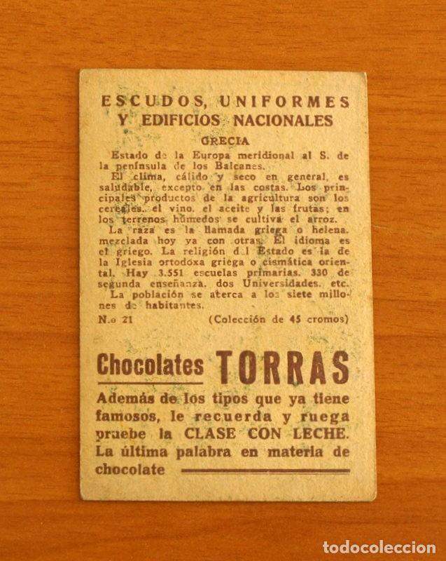 Coleccionismo cromos antiguos: Escudos, Uniformes y Edificios Nacionales - N&ordm; 21 Grecia - Chocolates Torras - Foto 2