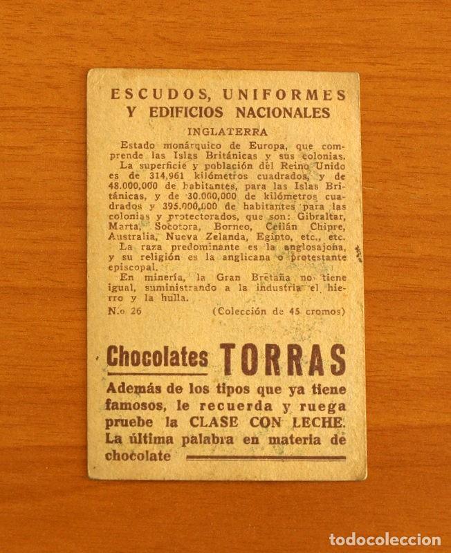 Coleccionismo cromos antiguos: Escudos, Uniformes y Edificios Nacionales - N&ordm; 26 Inglaterra - Chocolates Torras - Foto 2