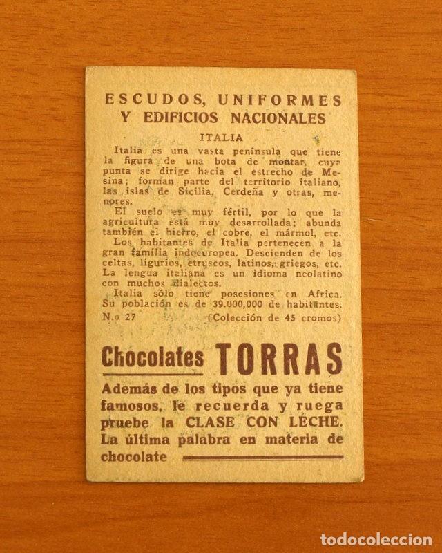 Coleccionismo cromos antiguos: Escudos, Uniformes y Edificios Nacionales - N&ordm; 27 Italia - Chocolates Torras - Foto 2