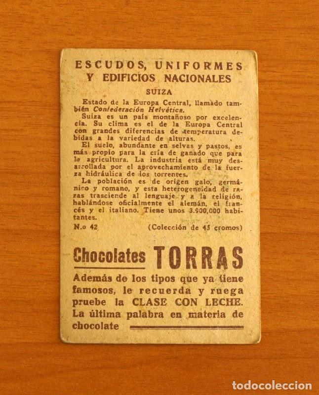 Coleccionismo cromos antiguos: Escudos, Uniformes y Edificios Nacionales - N&ordm; 42 Suiza - Chocolates Torras - Foto 2