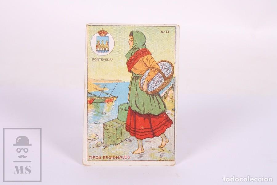 Collectable Antique Stickers: Antiguo Cromo de Chocolates Guill&eacute;n - Tipos Regionales / Escudo - Pontevedra N&ordm; 34