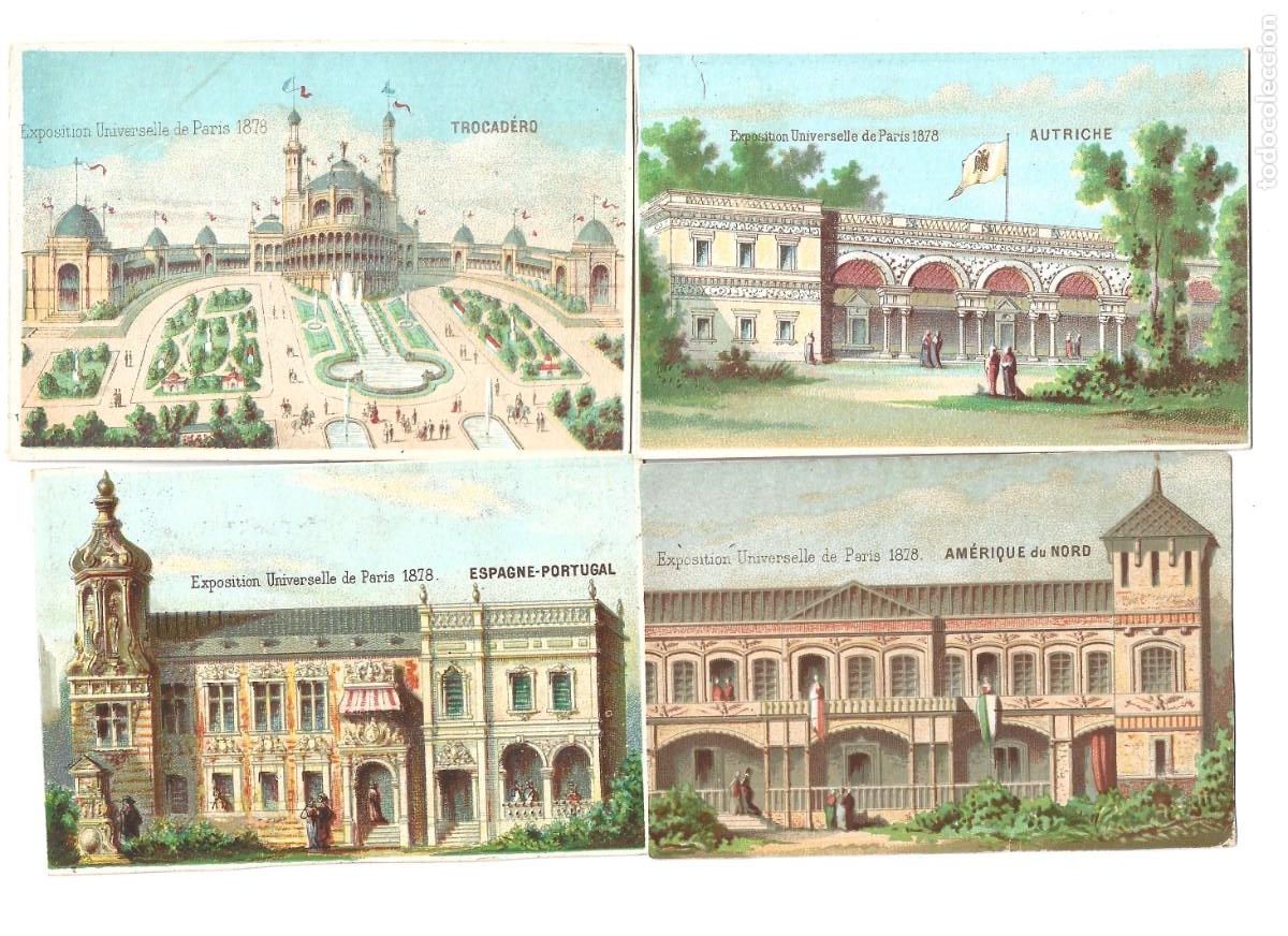 Collezionismo Figurine antiche: CUATRO CROMO DE EXPOSITION PAVELONES DE ESPA&Ntilde;A Y PORTUGAL UNIVERSAL DE PARIS 1878