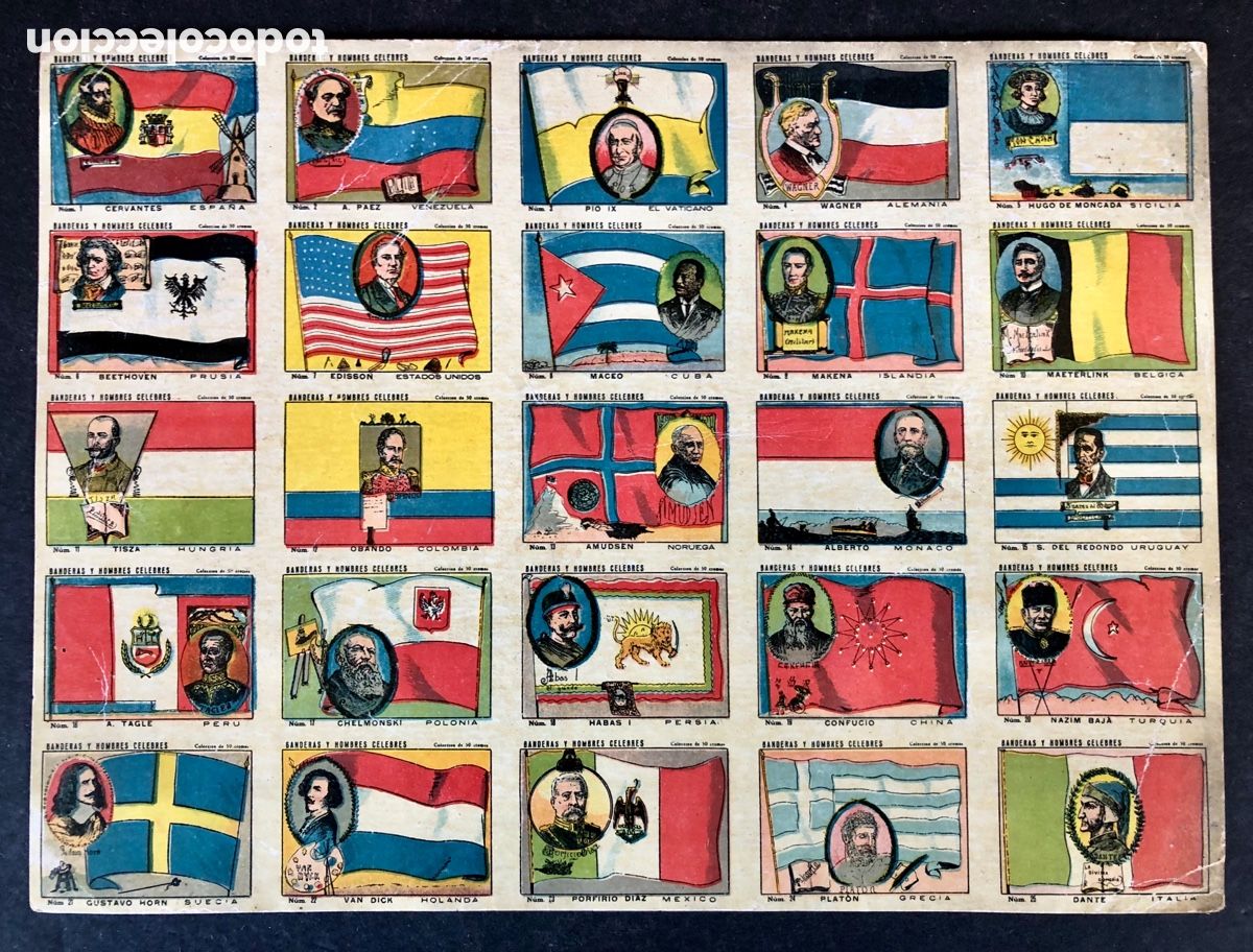 Coleccionismo Cromos antiguos: BANDERAS Y HOMBRES CELEBRES - 25 CROMOS - CHOCOLATES EVARISTO JUNCOSA HIJO - EN HOJA SIN CORTAR -