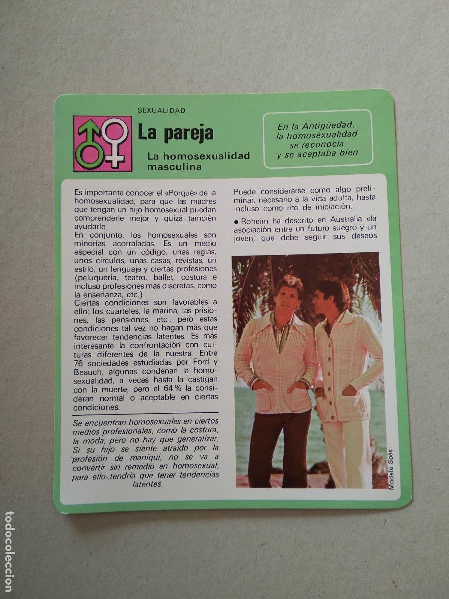 Coleccionismo Cromos antiguos: LA HOMOSEXUALIDAD MASCULINA LA PAREJA SEXUALIDAD FICHA EDICIONES RENCONTRE SAPE MATEU CROMO