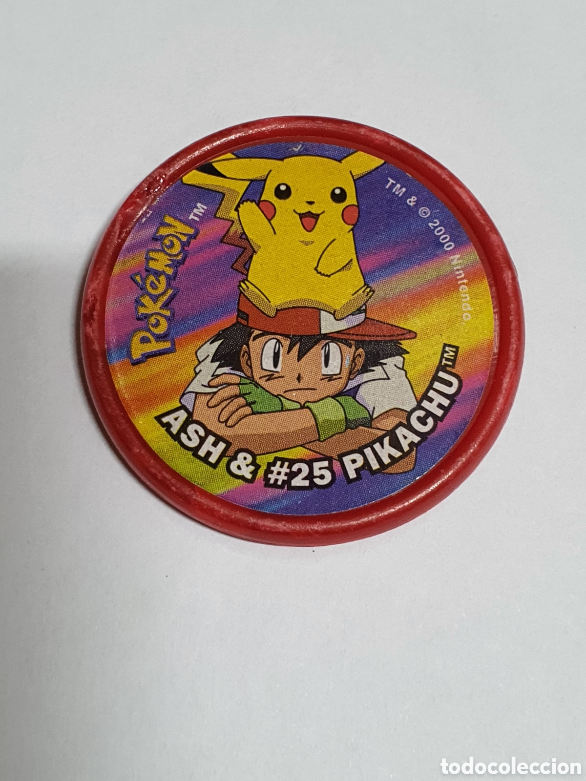 Coleccionismo cromos antiguos: Pokemon m&aacute;ster tazo rojo, Ash y Pikachu, matutano Nintendo