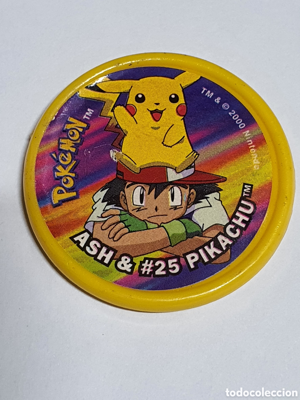 Coleccionismo cromos antiguos: Pokemon m&aacute;ster tazo amarillo, Ash y Pikachu, matutano Nintendo