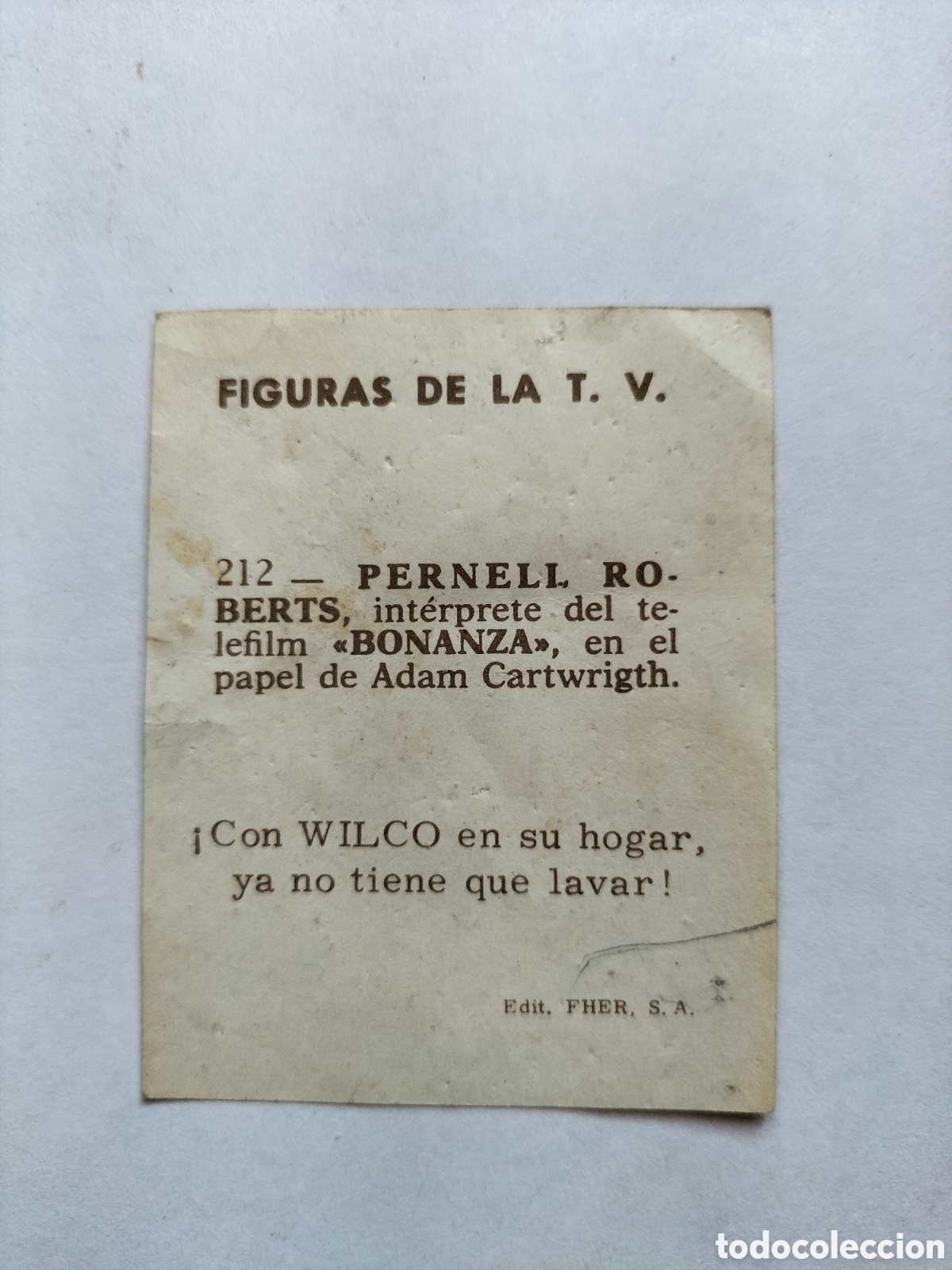 Coleccionismo cromos antiguos: Figuras de la T.V. Detergente Wilco. Pernell Roberts. - Foto 2