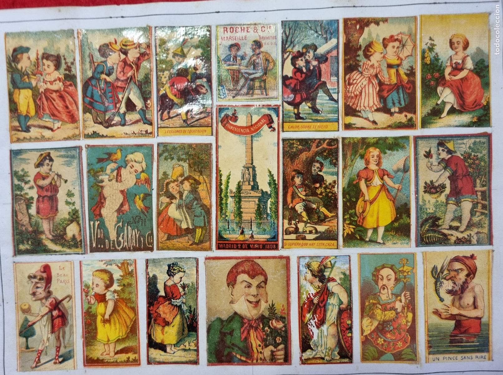 Coleccionismo cromos antiguos: HOJA CON 21 FOTOTIPIAS ESPA&Ntilde;OLAS CAJAS CERILLAS MUY ANTIGUAS SIGLO XIX ORIGINAL RS148