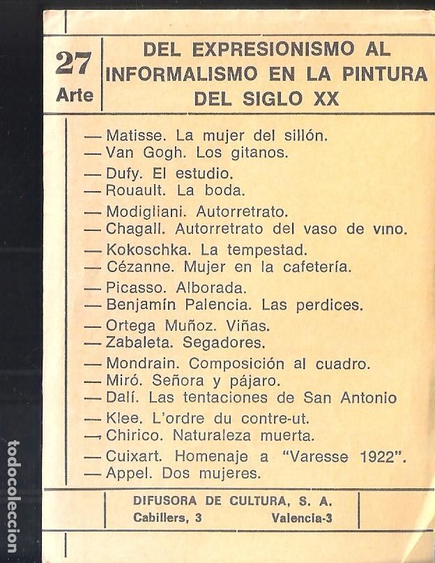 Collectionnisme Cartes &agrave; collectionner anciennes: 27 Arte. Del expresionismo al informali. Ed. Difusora Cultura, S.A. Valencia. 1971. Indice. 10x9 cm.
